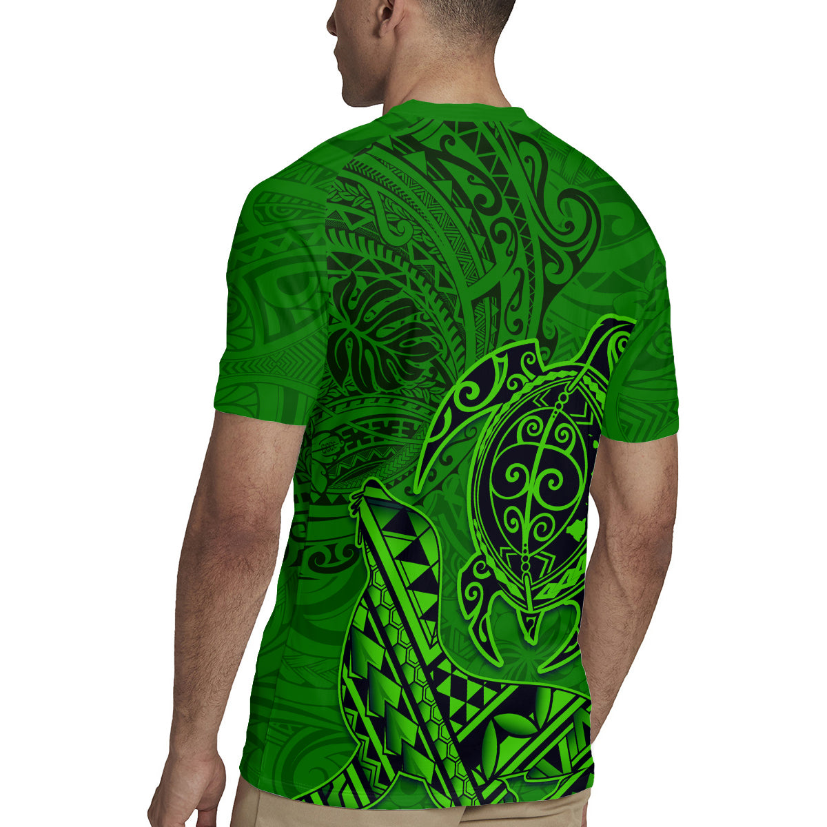 Hawaii Monk Seal and Dolphin Rugby Jersey Polynesian Kakau Pattern Green