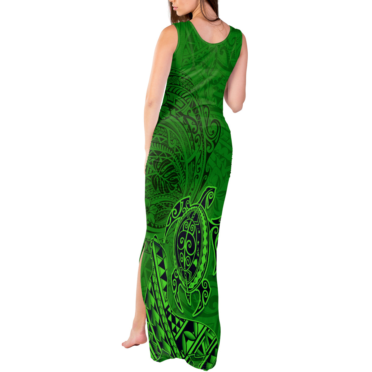 Hawaii Monk Seal and Dolphin Tank Maxi Dress Polynesian Kakau Pattern Green