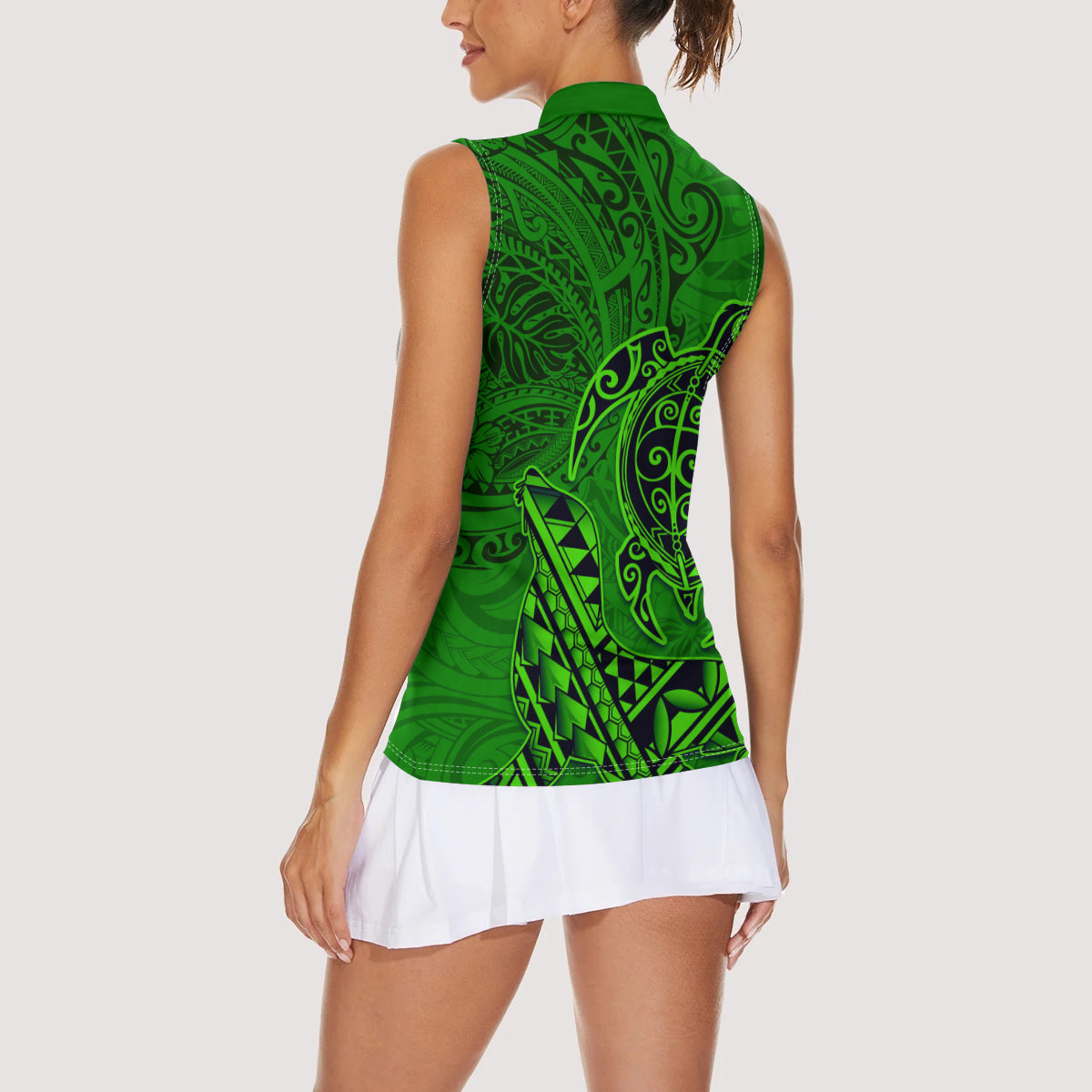Hawaii Monk Seal and Dolphin Women Sleeveless Polo Shirt Polynesian Kakau Pattern Green