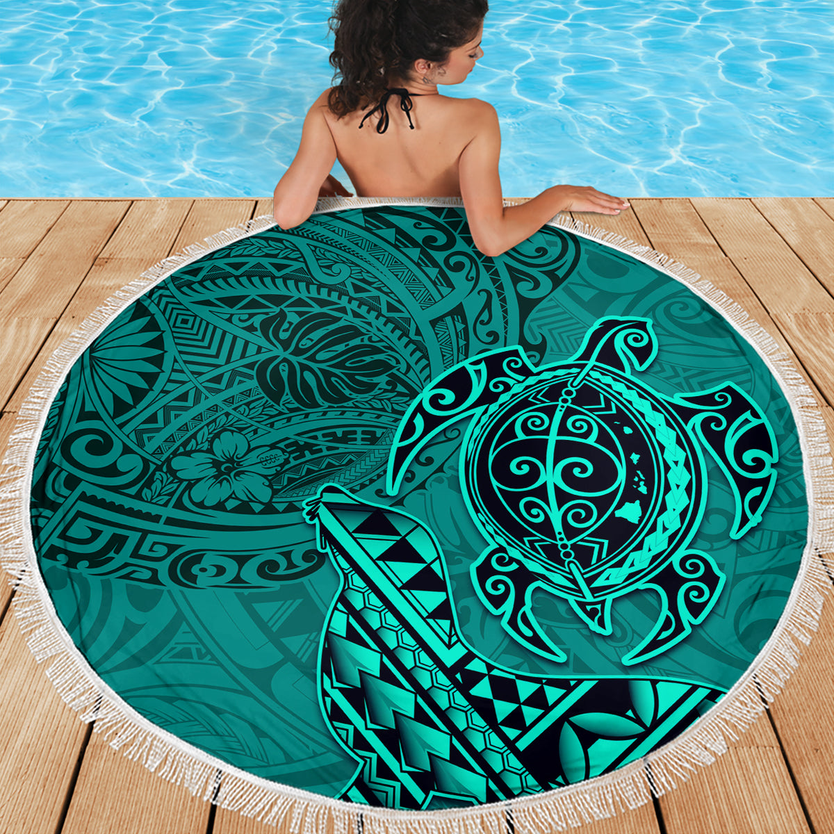 Hawaii Monk Seal and Dolphin Beach Blanket Polynesian Kakau Pattern Turquoise