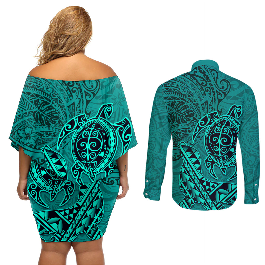 Hawaii Monk Seal and Dolphin Couples Matching Off Shoulder Short Dress and Long Sleeve Button Shirt Polynesian Kakau Pattern Turquoise