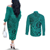 Hawaii Monk Seal and Dolphin Couples Matching Off The Shoulder Long Sleeve Dress and Long Sleeve Button Shirt Polynesian Kakau Pattern Turquoise