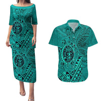 Hawaii Monk Seal and Dolphin Couples Matching Puletasi and Hawaiian Shirt Polynesian Kakau Pattern Turquoise LT03 Turquoise - Polynesian Pride