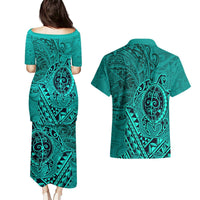 Hawaii Monk Seal and Dolphin Couples Matching Puletasi and Hawaiian Shirt Polynesian Kakau Pattern Turquoise LT03 - Polynesian Pride