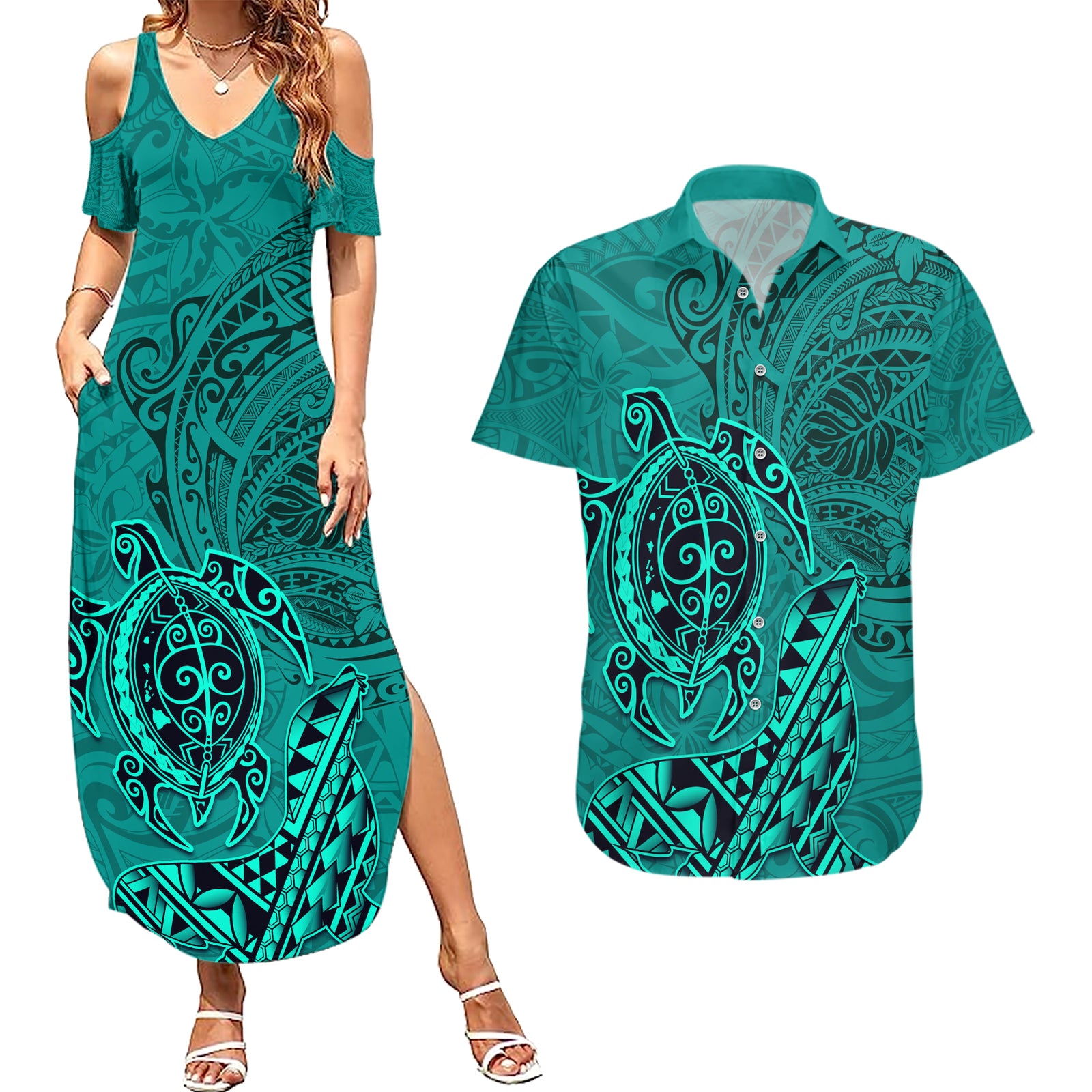 Hawaii Monk Seal and Dolphin Couples Matching Summer Maxi Dress and Hawaiian Shirt Polynesian Kakau Pattern Turquoise