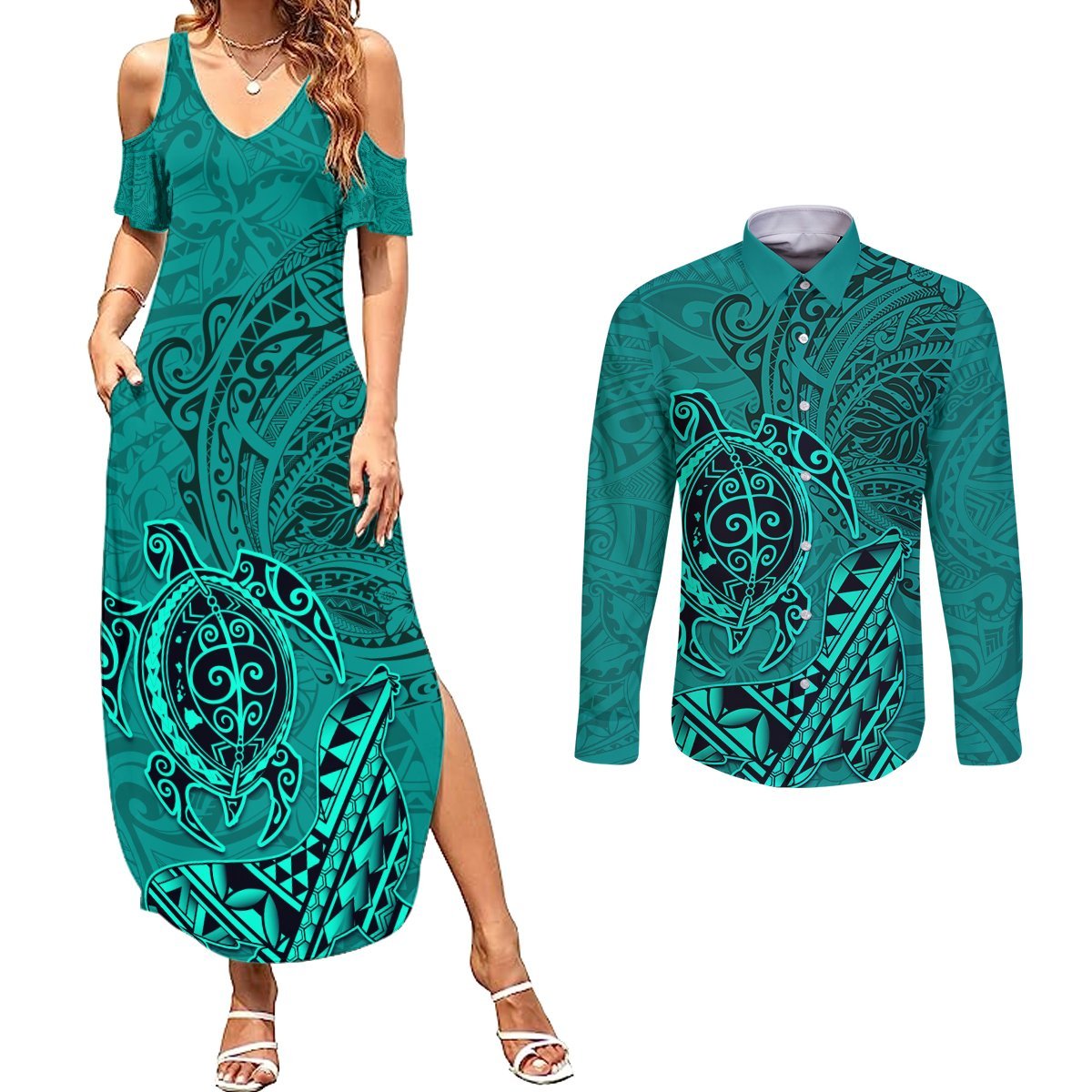 Hawaii Monk Seal and Dolphin Couples Matching Summer Maxi Dress and Long Sleeve Button Shirt Polynesian Kakau Pattern Turquoise LT03 Turquoise - Polynesian Pride