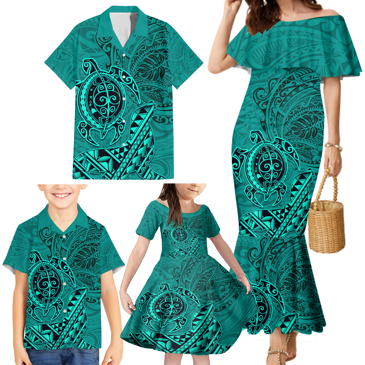 Hawaii Monk Seal and Dolphin Family Matching Mermaid Dress and Hawaiian Shirt Polynesian Kakau Pattern Turquoise
