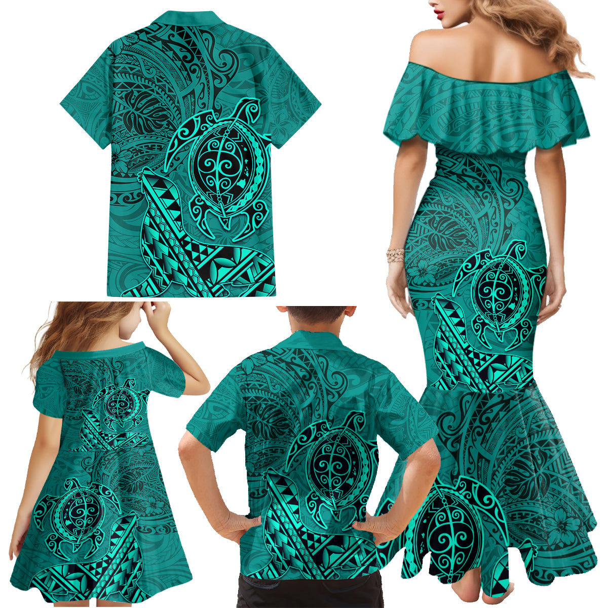 Hawaii Monk Seal and Dolphin Family Matching Mermaid Dress and Hawaiian Shirt Polynesian Kakau Pattern Turquoise