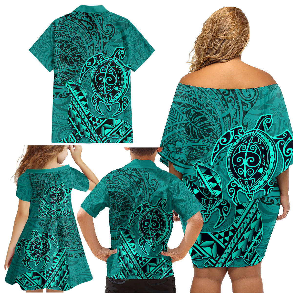 Hawaii Monk Seal and Dolphin Family Matching Off Shoulder Short Dress and Hawaiian Shirt Polynesian Kakau Pattern Turquoise