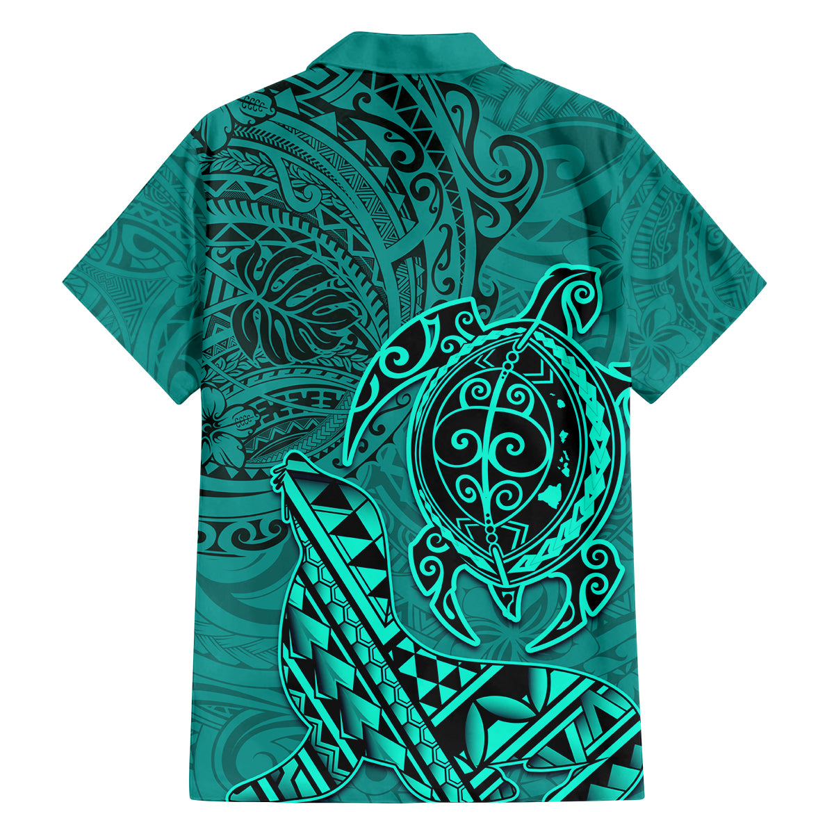 Hawaii Monk Seal and Dolphin Family Matching Puletasi and Hawaiian Shirt Polynesian Kakau Pattern Turquoise