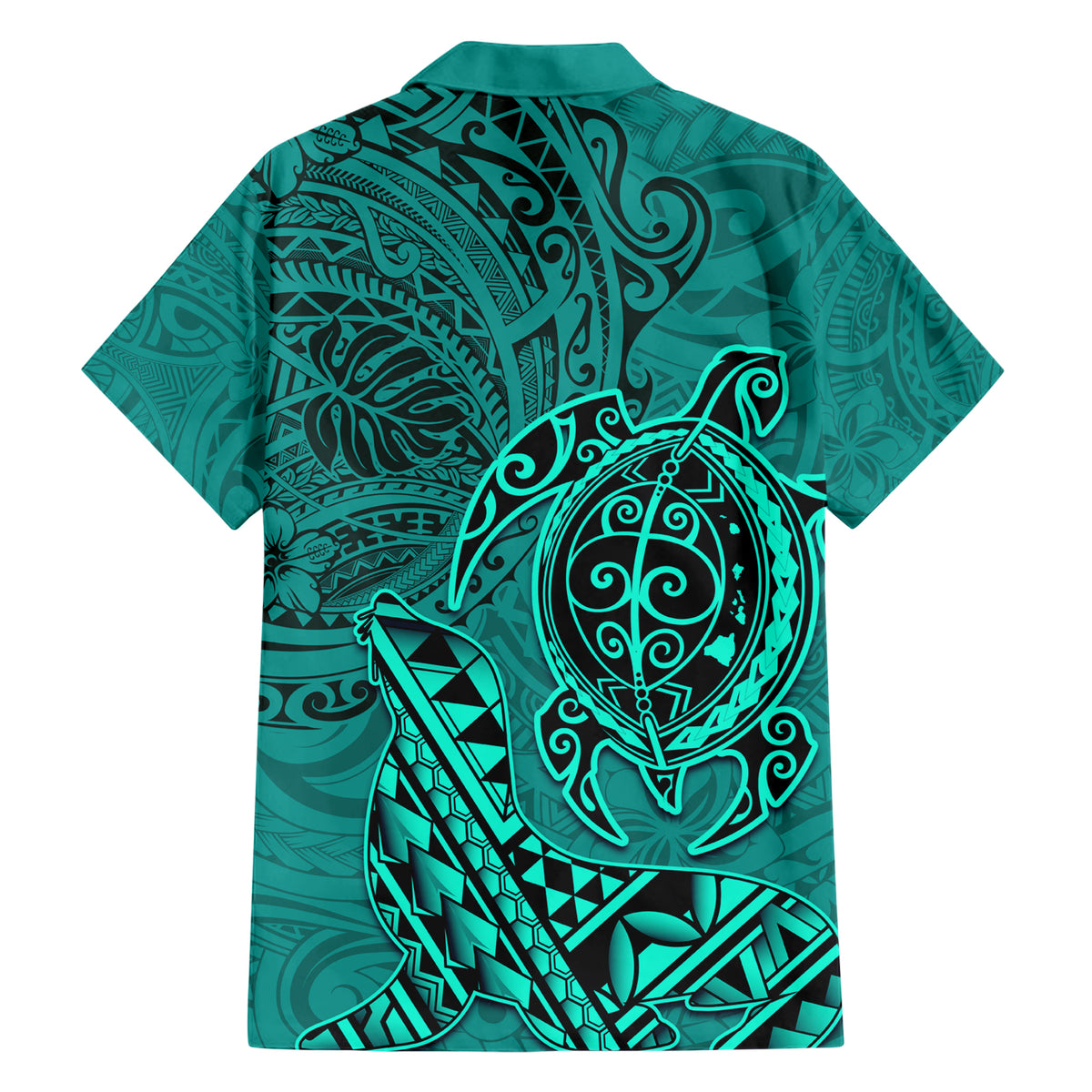 Hawaii Monk Seal and Dolphin Family Matching Short Sleeve Bodycon Dress and Hawaiian Shirt Polynesian Kakau Pattern Turquoise