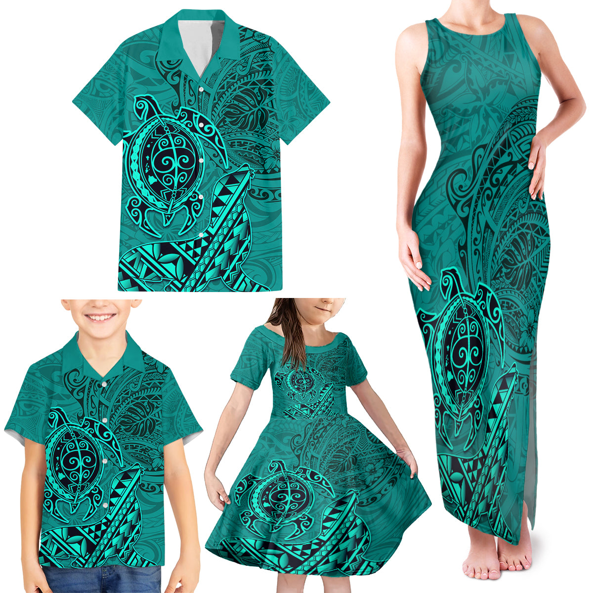 Hawaii Monk Seal and Dolphin Family Matching Tank Maxi Dress and Hawaiian Shirt Polynesian Kakau Pattern Turquoise