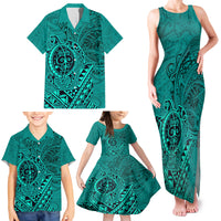Hawaii Monk Seal and Dolphin Family Matching Tank Maxi Dress and Hawaiian Shirt Polynesian Kakau Pattern Turquoise