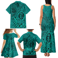 Hawaii Monk Seal and Dolphin Family Matching Tank Maxi Dress and Hawaiian Shirt Polynesian Kakau Pattern Turquoise