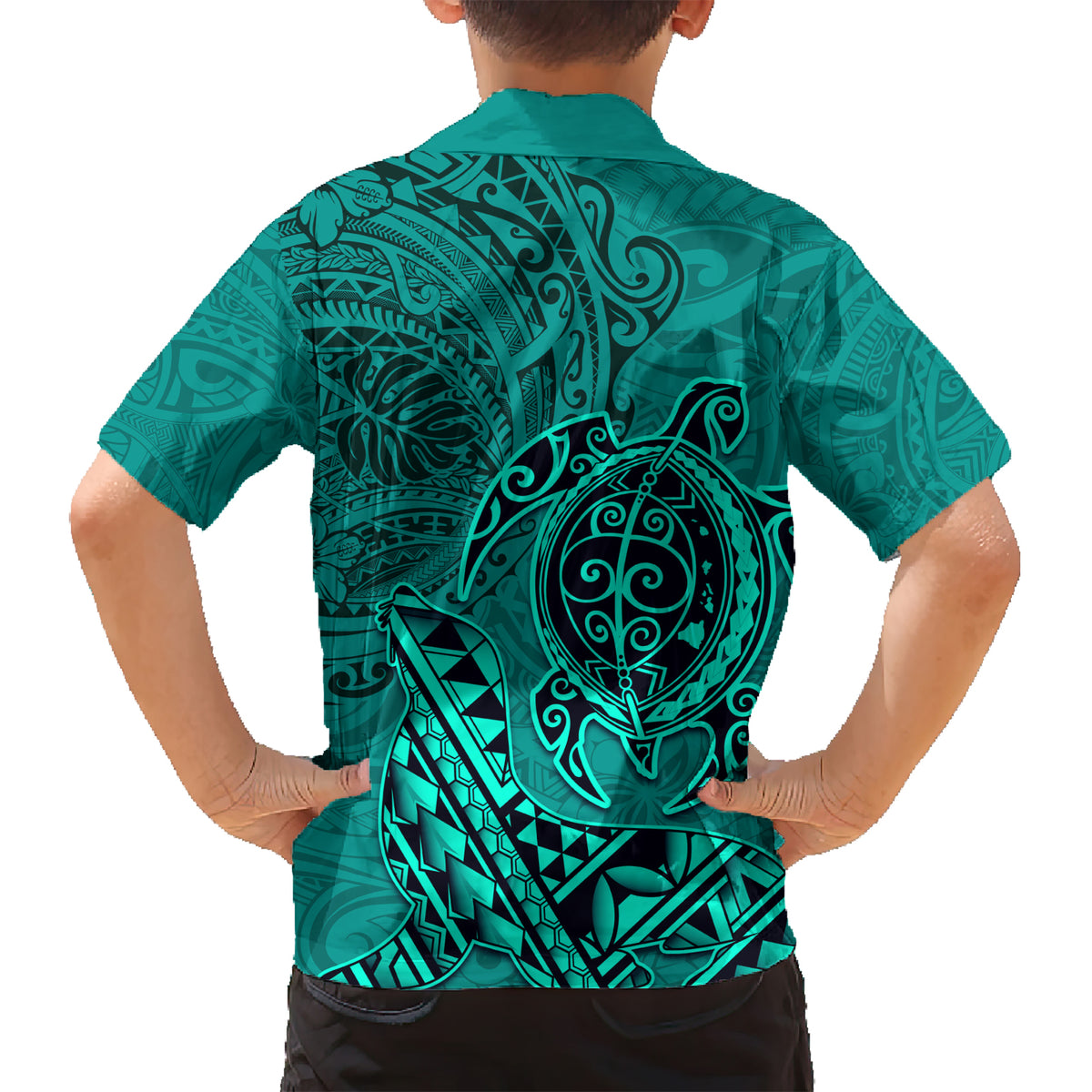 Hawaii Monk Seal and Dolphin Kid Hawaiian Shirt Polynesian Kakau Pattern Turquoise