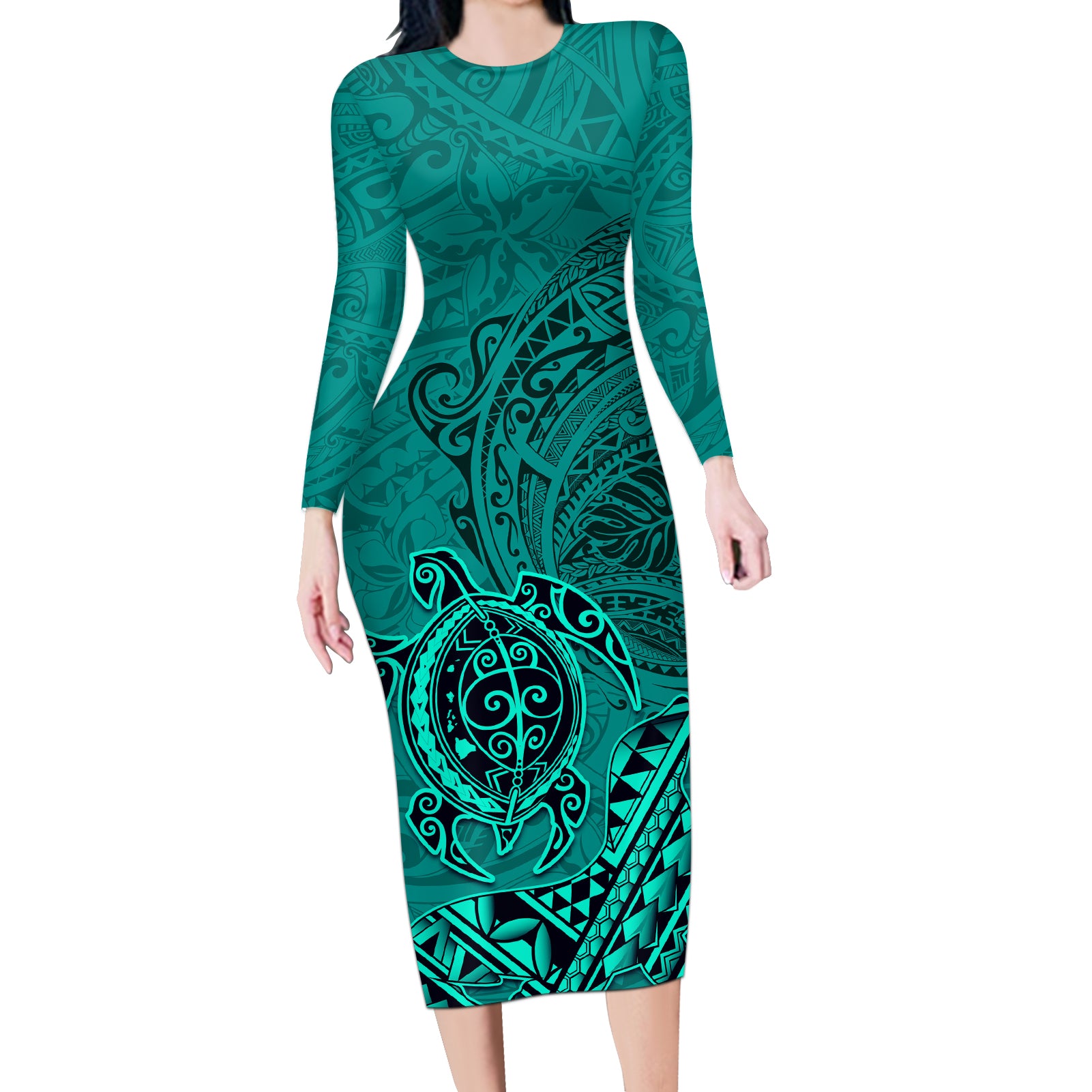 Hawaii Monk Seal and Dolphin Long Sleeve Bodycon Dress Polynesian Kakau Pattern Turquoise