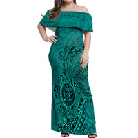 Hawaii Monk Seal and Dolphin Off Shoulder Maxi Dress Polynesian Kakau Pattern Turquoise