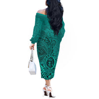 Hawaii Monk Seal and Dolphin Off The Shoulder Long Sleeve Dress Polynesian Kakau Pattern Turquoise