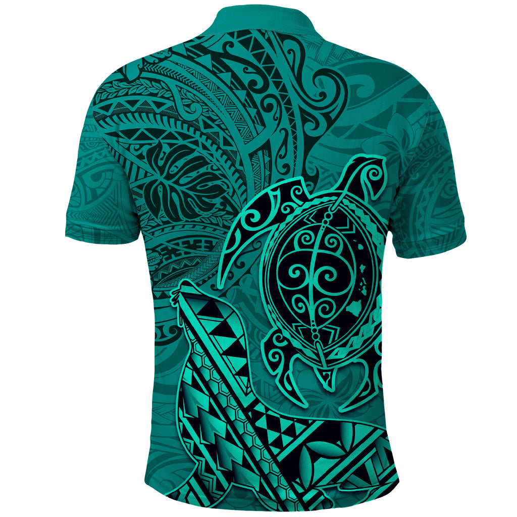 Hawaii Monk Seal and Dolphin Polo Shirt Polynesian Kakau Pattern Turquoise