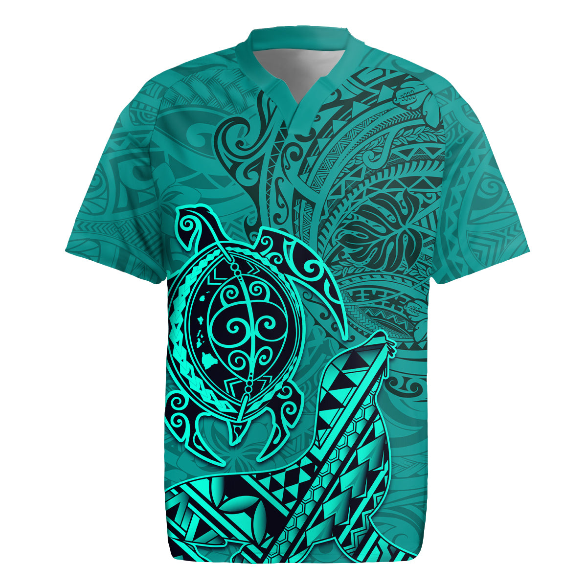 Hawaii Monk Seal and Dolphin Rugby Jersey Polynesian Kakau Pattern Turquoise