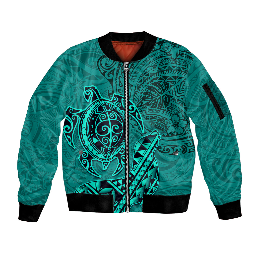 Hawaii Monk Seal and Dolphin Sleeve Zip Bomber Jacket Polynesian Kakau Pattern Turquoise