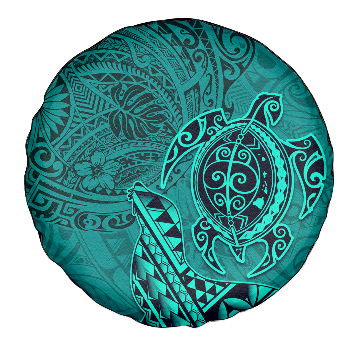 Hawaii Monk Seal and Dolphin Spare Tire Cover Polynesian Kakau Pattern Turquoise
