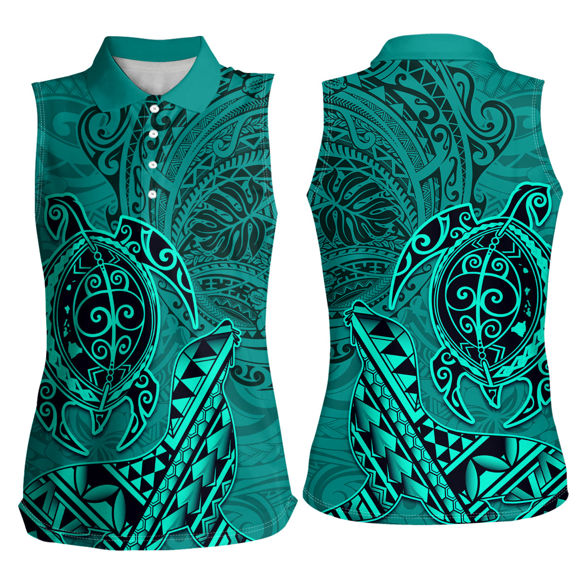 Hawaii Monk Seal and Dolphin Women Sleeveless Polo Shirt Polynesian Kakau Pattern Turquoise