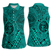 Hawaii Monk Seal and Dolphin Women Sleeveless Polo Shirt Polynesian Kakau Pattern Turquoise