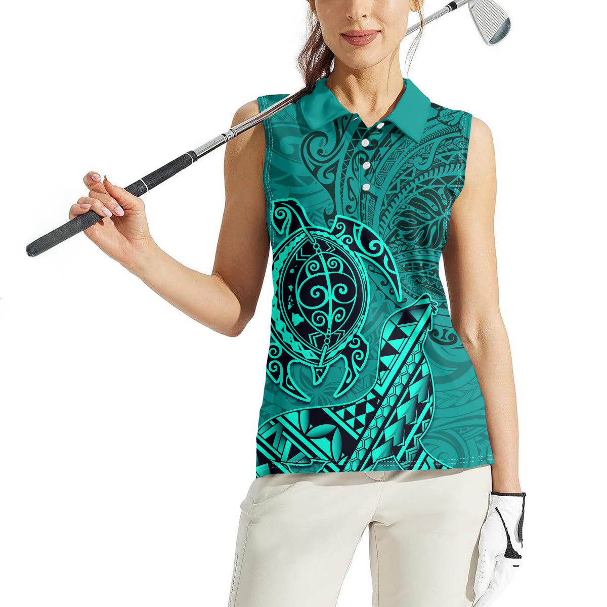 Hawaii Monk Seal and Dolphin Women Sleeveless Polo Shirt Polynesian Kakau Pattern Turquoise