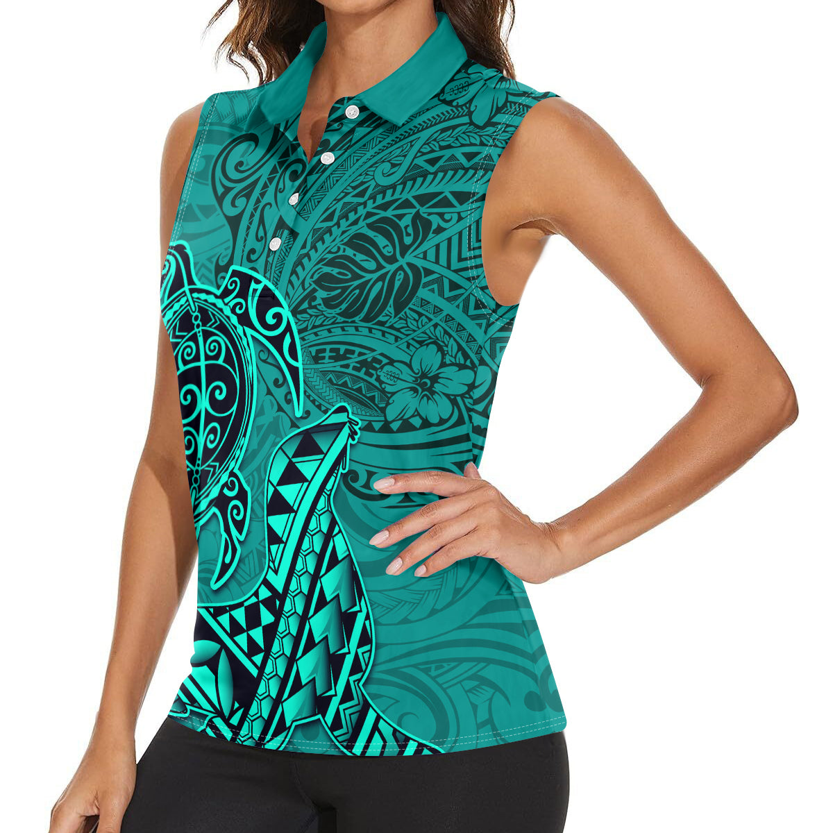 Hawaii Monk Seal and Dolphin Women Sleeveless Polo Shirt Polynesian Kakau Pattern Turquoise