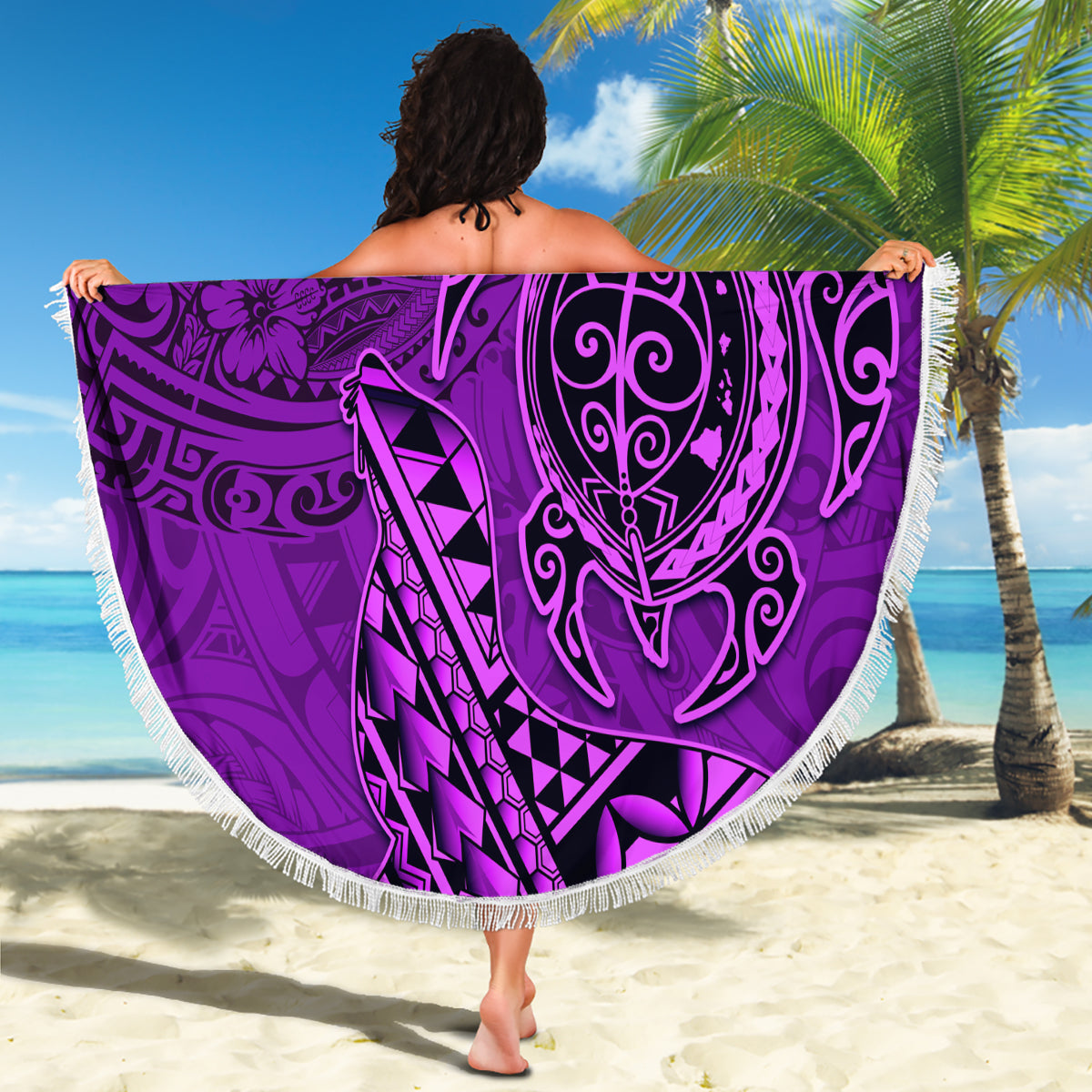 Hawaii Monk Seal and Dolphin Beach Blanket Polynesian Kakau Pattern Purple