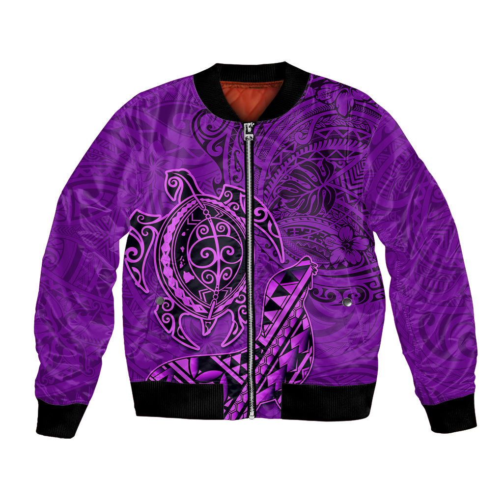 Hawaii Monk Seal and Dolphin Bomber Jacket Polynesian Kakau Pattern Purple