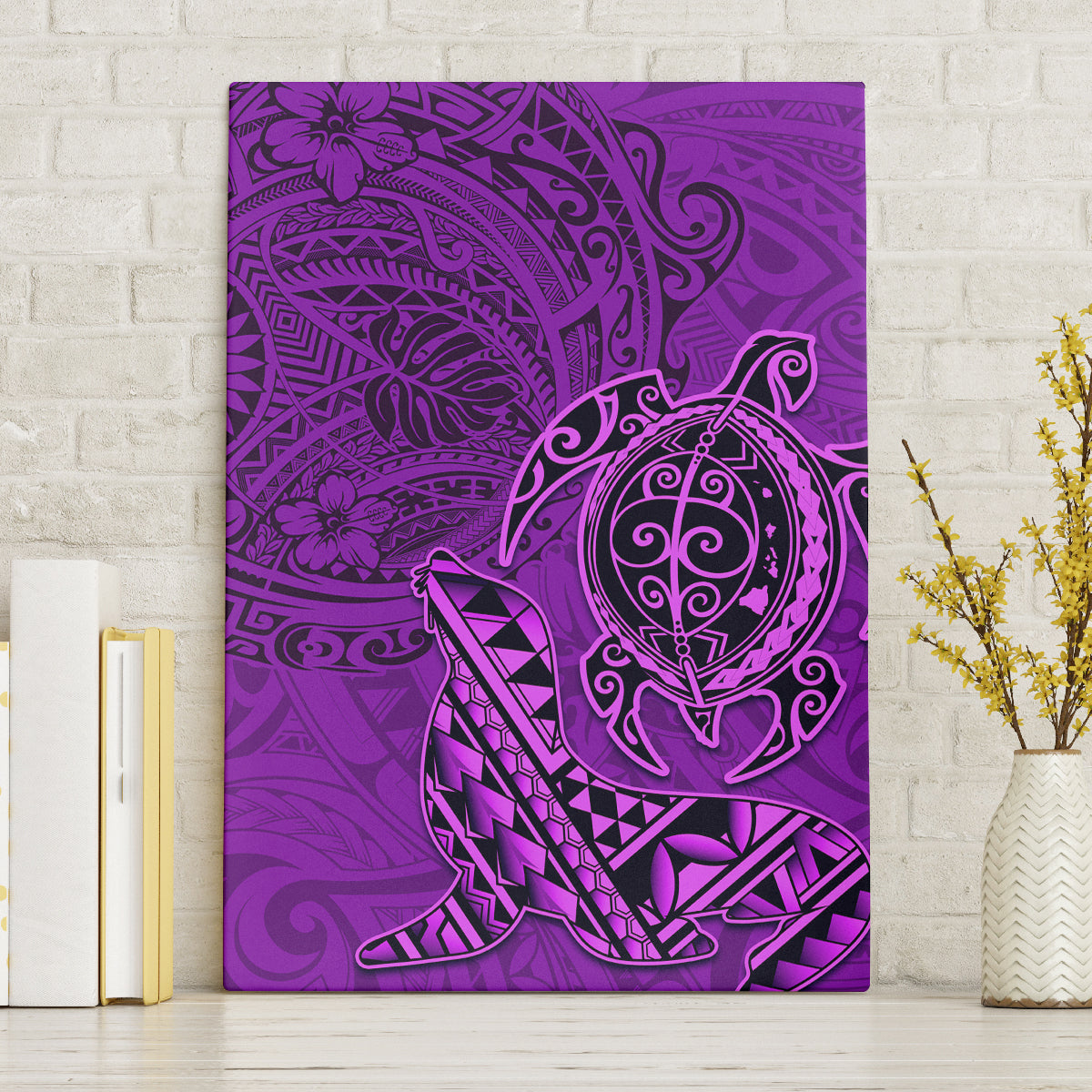 Hawaii Monk Seal and Dolphin Canvas Wall Art Polynesian Kakau Pattern Purple