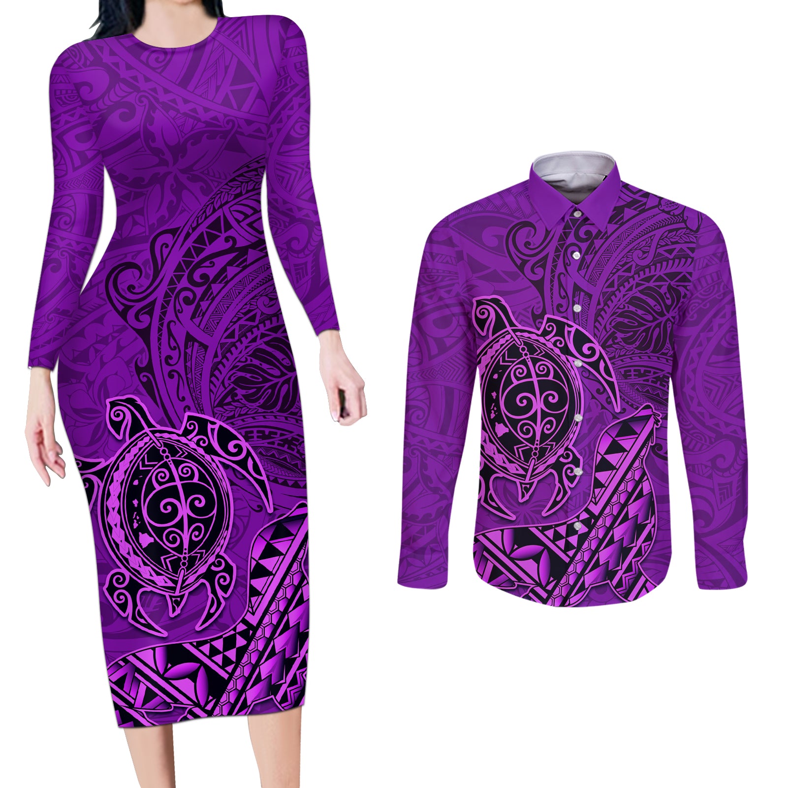 Hawaii Monk Seal and Dolphin Couples Matching Long Sleeve Bodycon Dress and Long Sleeve Button Shirt Polynesian Kakau Pattern Purple