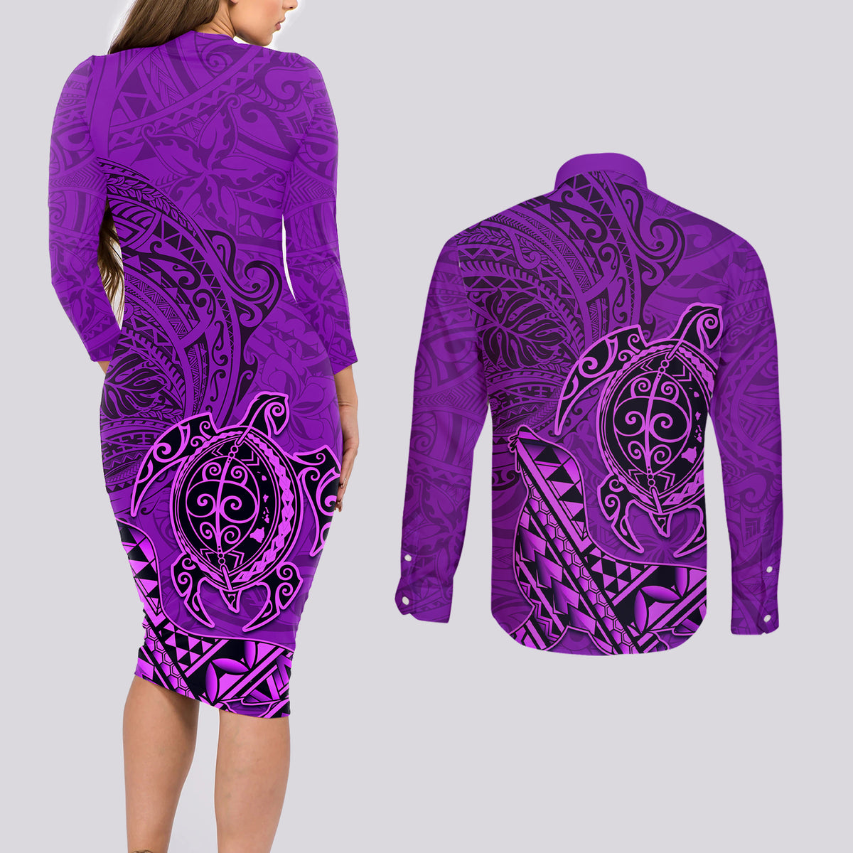 Hawaii Monk Seal and Dolphin Couples Matching Long Sleeve Bodycon Dress and Long Sleeve Button Shirt Polynesian Kakau Pattern Purple