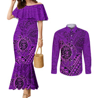 Hawaii Monk Seal and Dolphin Couples Matching Mermaid Dress and Long Sleeve Button Shirt Polynesian Kakau Pattern Purple