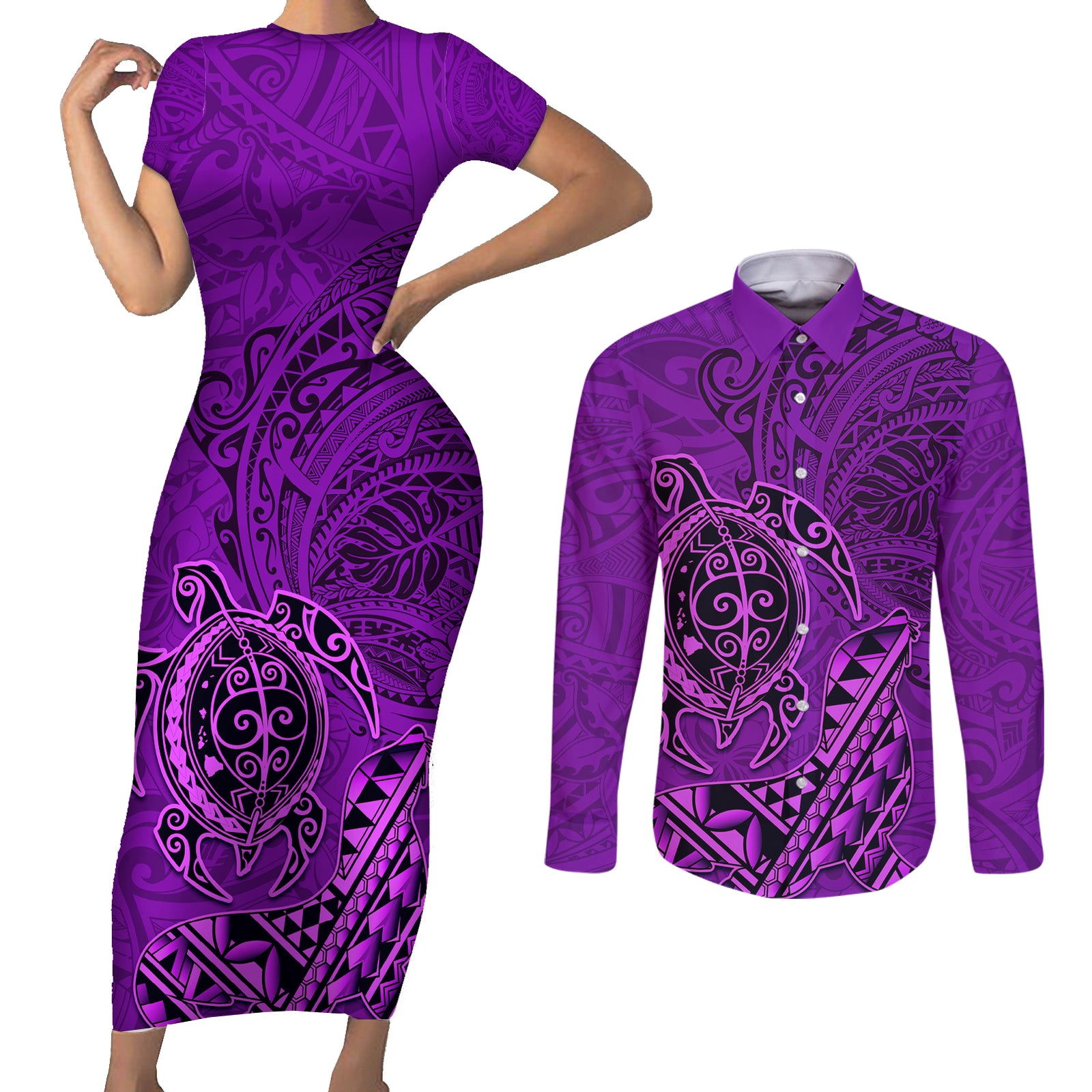 Hawaii Monk Seal and Dolphin Couples Matching Short Sleeve Bodycon Dress and Long Sleeve Button Shirt Polynesian Kakau Pattern Purple
