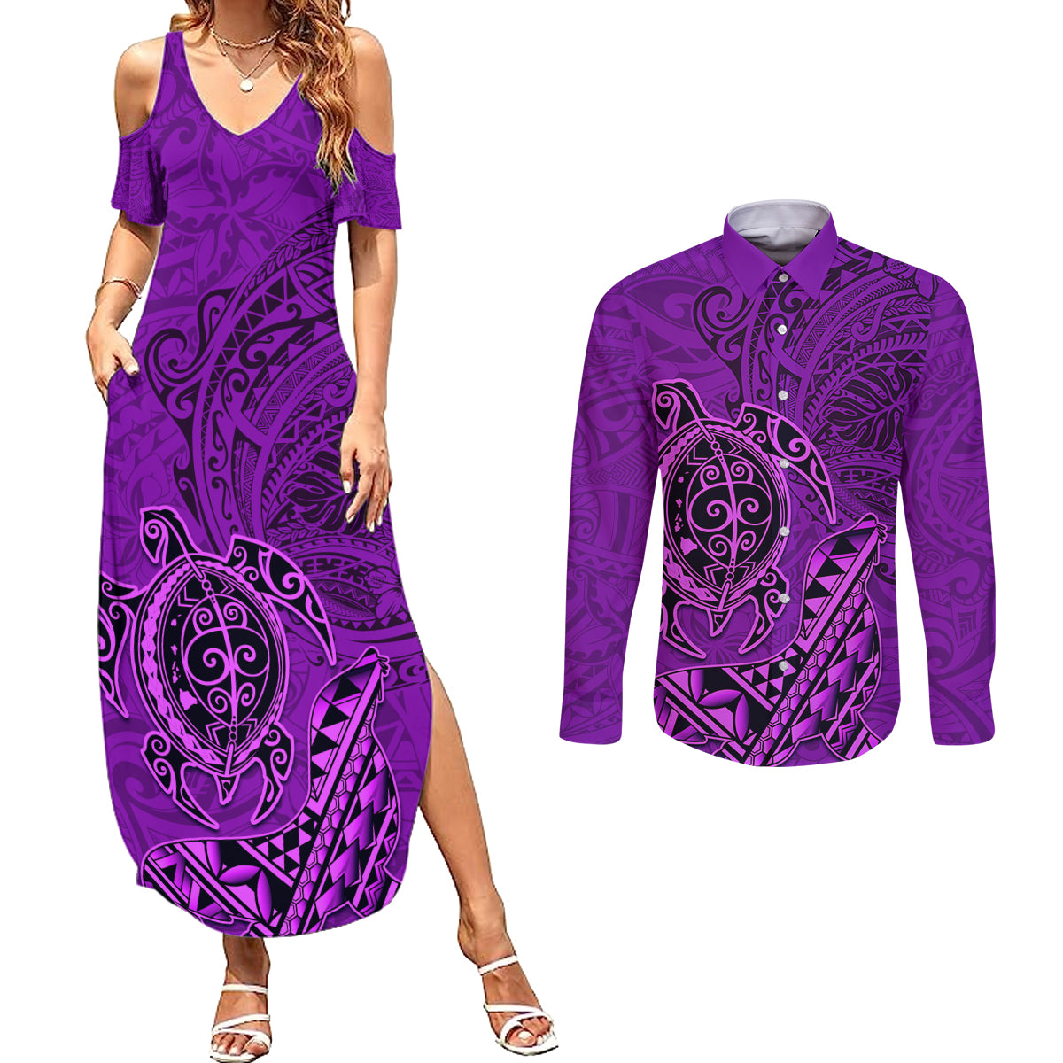 Hawaii Monk Seal and Dolphin Couples Matching Summer Maxi Dress and Long Sleeve Button Shirt Polynesian Kakau Pattern Purple