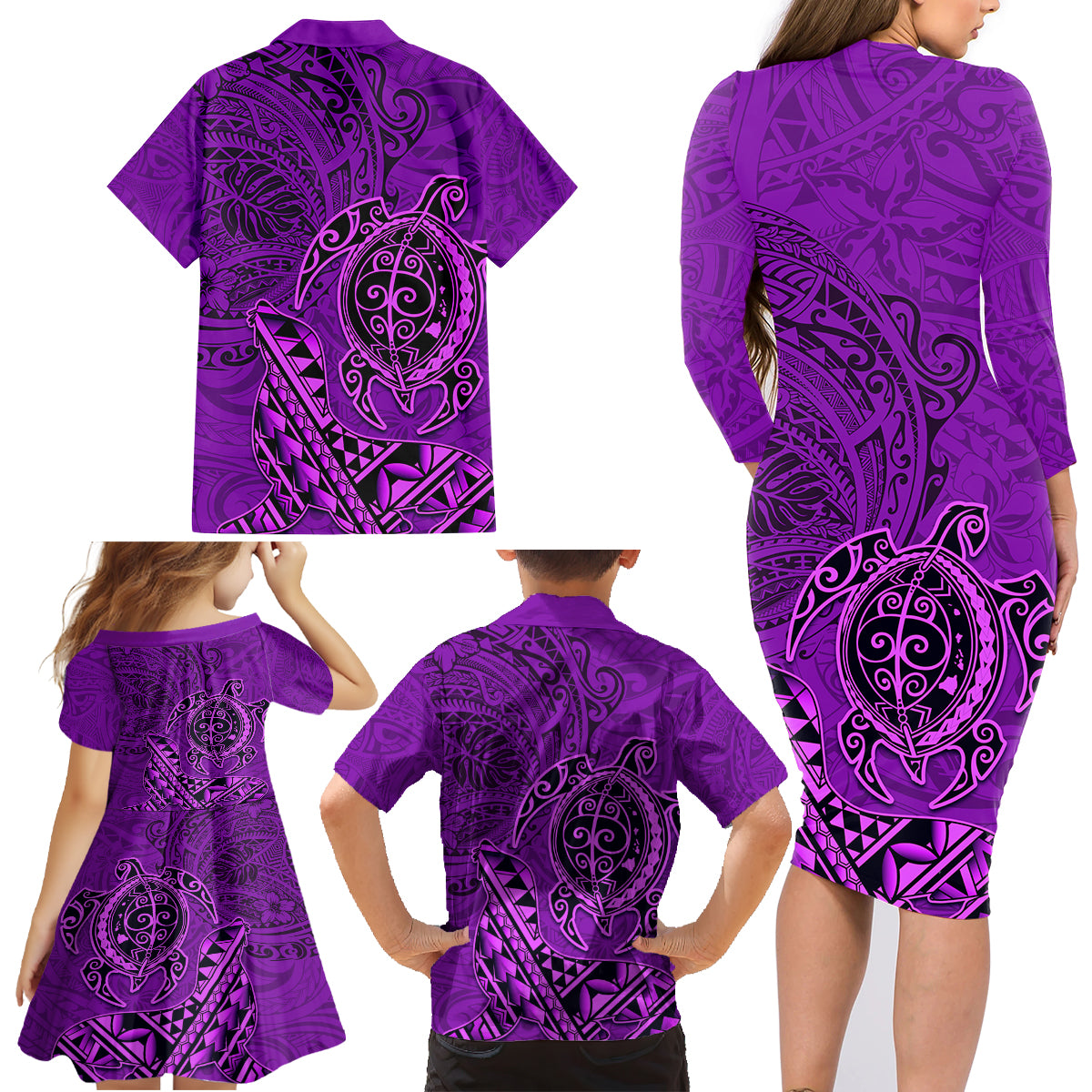 Hawaii Monk Seal and Dolphin Family Matching Long Sleeve Bodycon Dress and Hawaiian Shirt Polynesian Kakau Pattern Purple