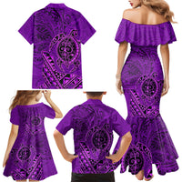 Hawaii Monk Seal and Dolphin Family Matching Mermaid Dress and Hawaiian Shirt Polynesian Kakau Pattern Purple