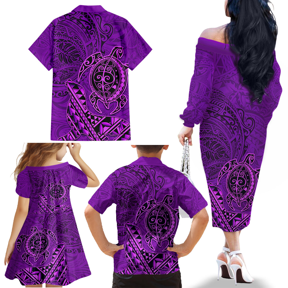 Hawaii Monk Seal and Dolphin Family Matching Off The Shoulder Long Sleeve Dress and Hawaiian Shirt Polynesian Kakau Pattern Purple