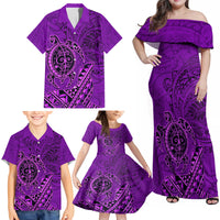 Hawaii Monk Seal and Dolphin Family Matching Off Shoulder Maxi Dress and Hawaiian Shirt Polynesian Kakau Pattern Purple