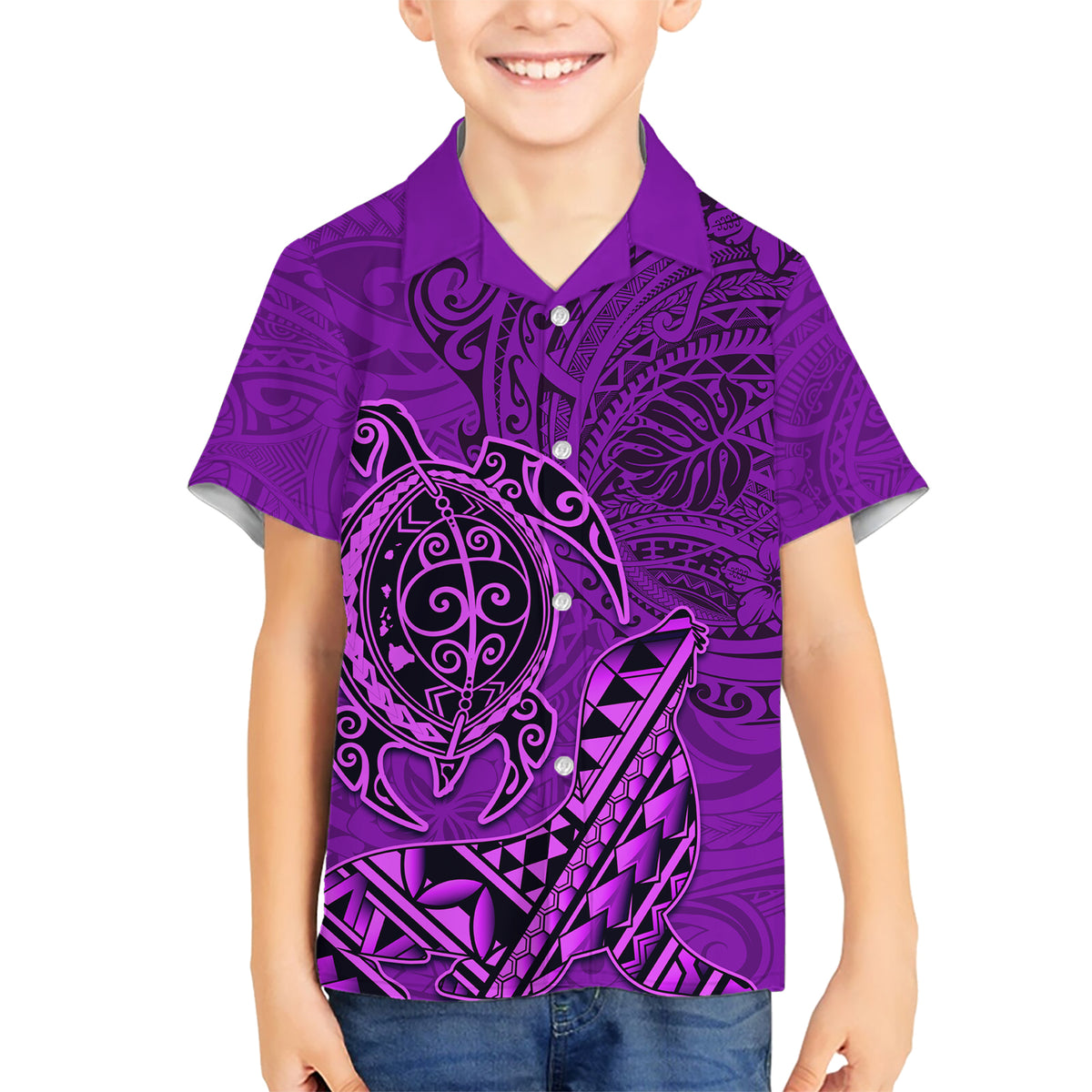 Hawaii Monk Seal and Dolphin Kid Hawaiian Shirt Polynesian Kakau Pattern Purple LT03 Kid Purple - Polynesian Pride