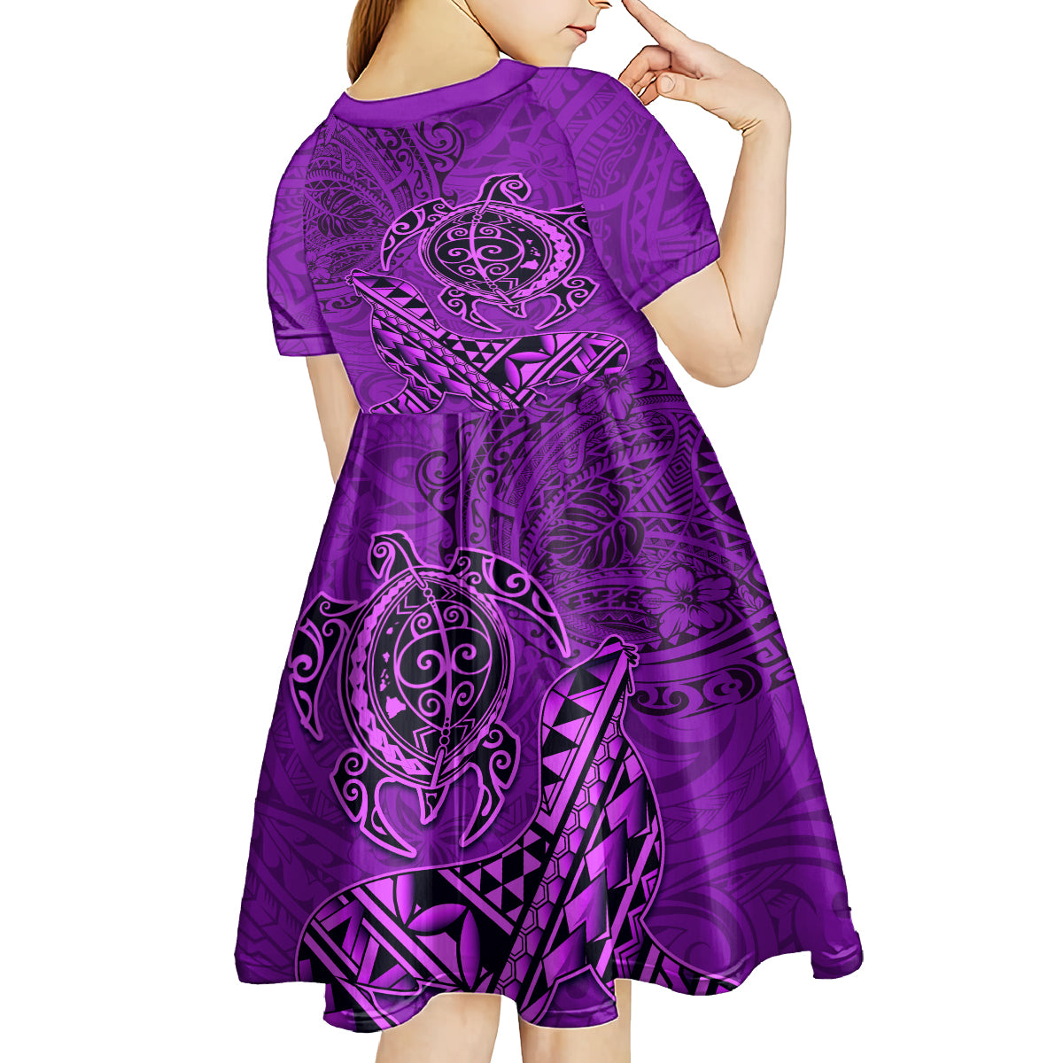 Hawaii Monk Seal and Dolphin Kid Short Sleeve Dress Polynesian Kakau Pattern Purple