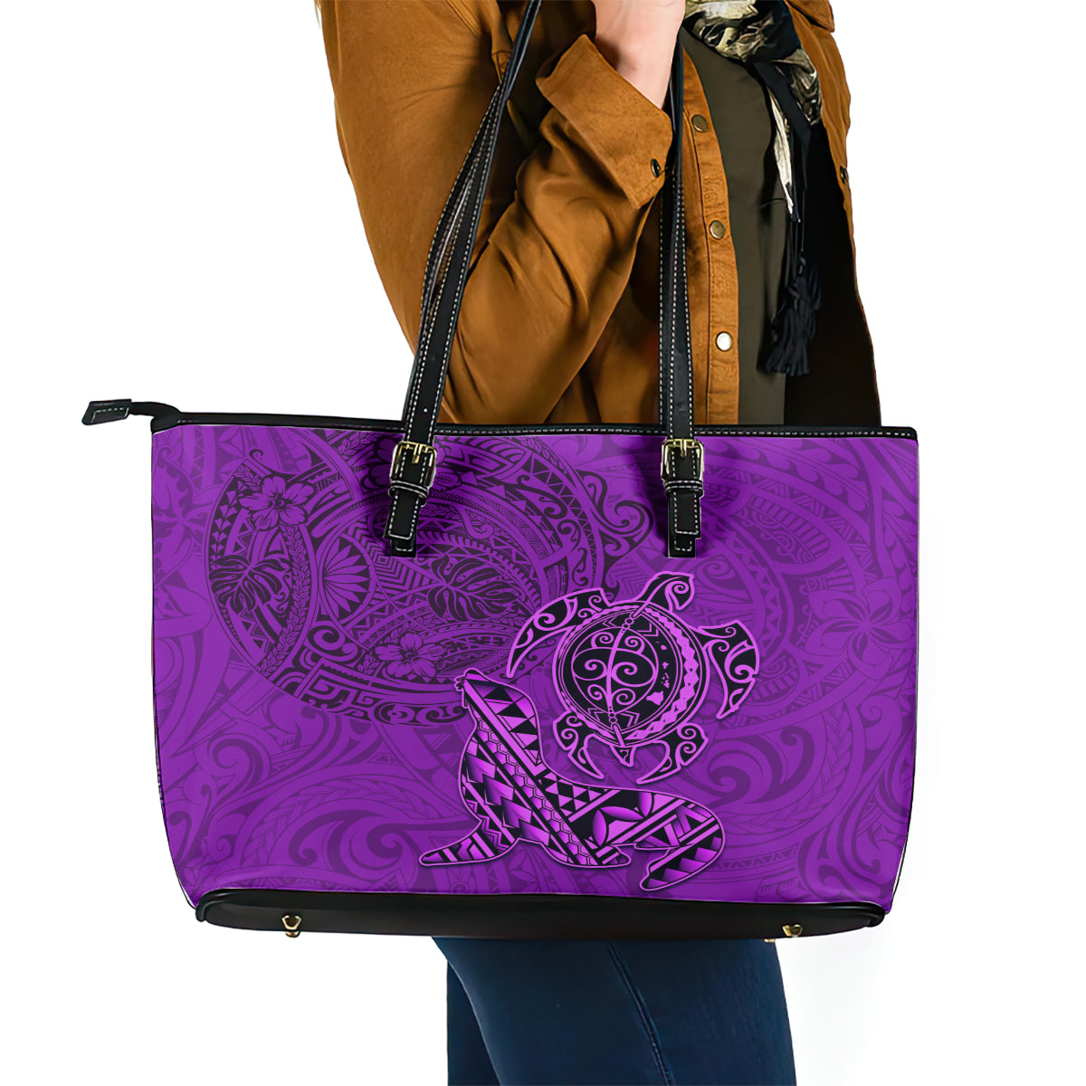 Hawaii Monk Seal and Dolphin Leather Tote Bag Polynesian Kakau Pattern Purple