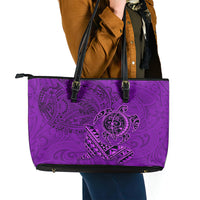 Hawaii Monk Seal and Dolphin Leather Tote Bag Polynesian Kakau Pattern Purple