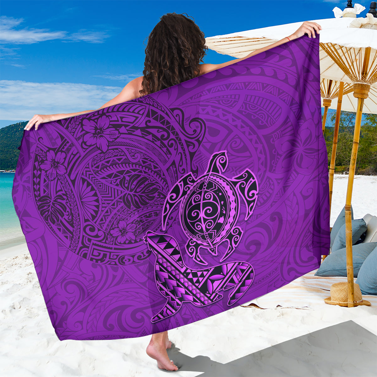 Hawaii Monk Seal and Dolphin Sarong Polynesian Kakau Pattern Purple