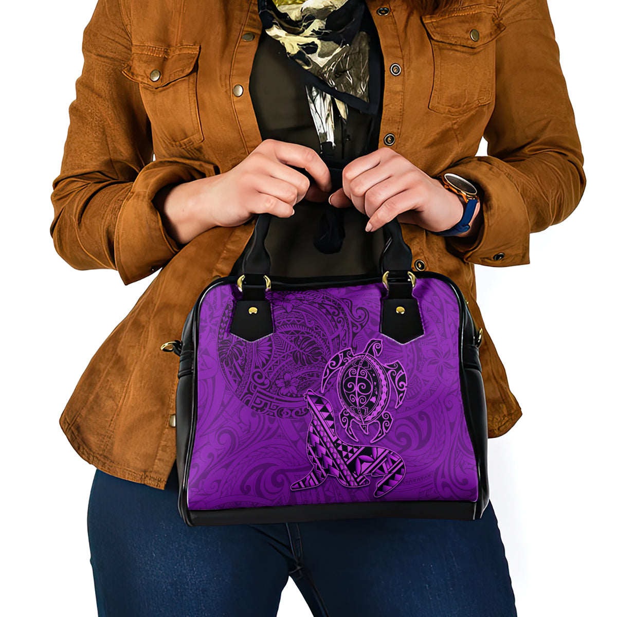 Hawaii Monk Seal and Dolphin Shoulder Handbag Polynesian Kakau Pattern Purple