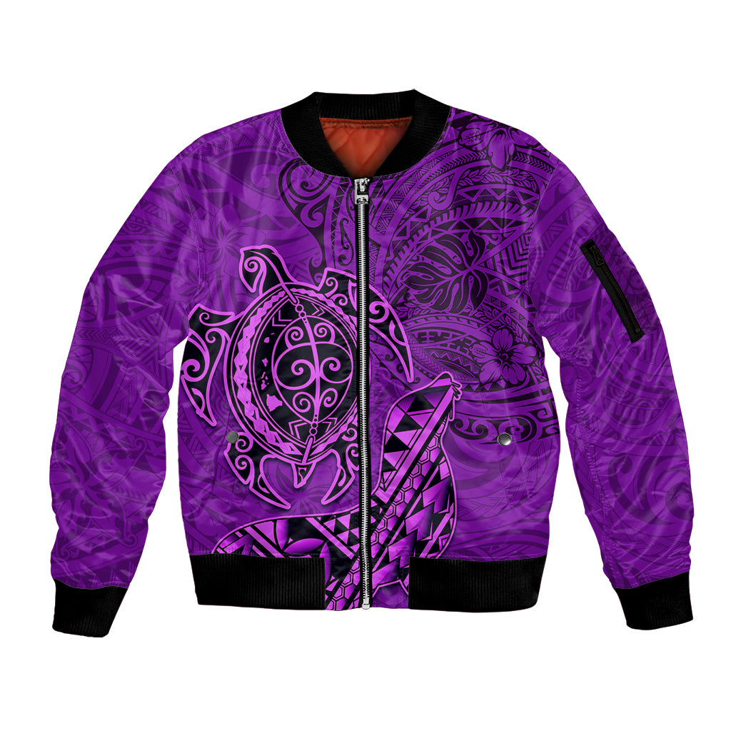 Hawaii Monk Seal and Dolphin Sleeve Zip Bomber Jacket Polynesian Kakau Pattern Purple