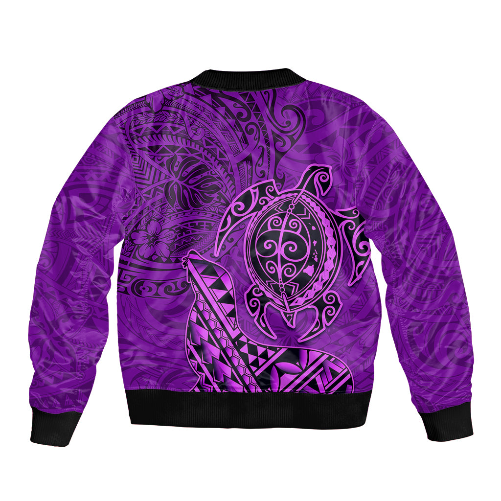 Hawaii Monk Seal and Dolphin Sleeve Zip Bomber Jacket Polynesian Kakau Pattern Purple